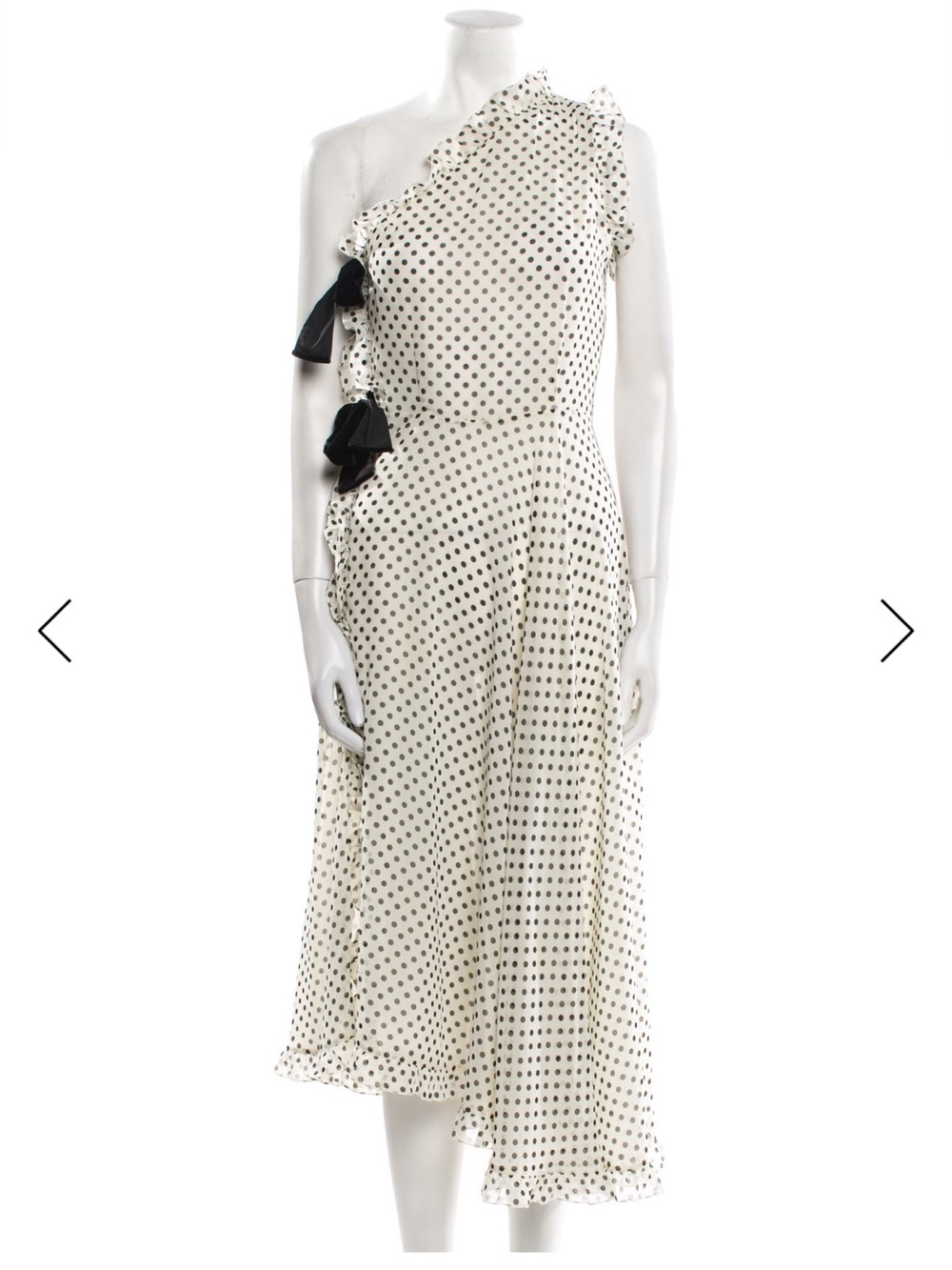 One-Shoulder Polka Dot Midi Dress with Bow Accents - White/Black size small
